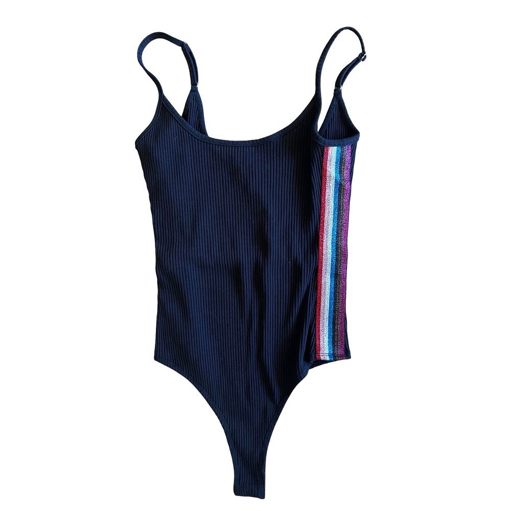 NWT Wild Honey Women's Black Ribbed Bodysuit Glitter Side Stripe Sz S Going-Out